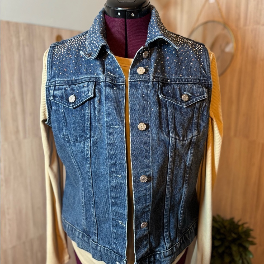 Christine Alexander Blue Denim Jean Vest Bling Swarovski Embellishment